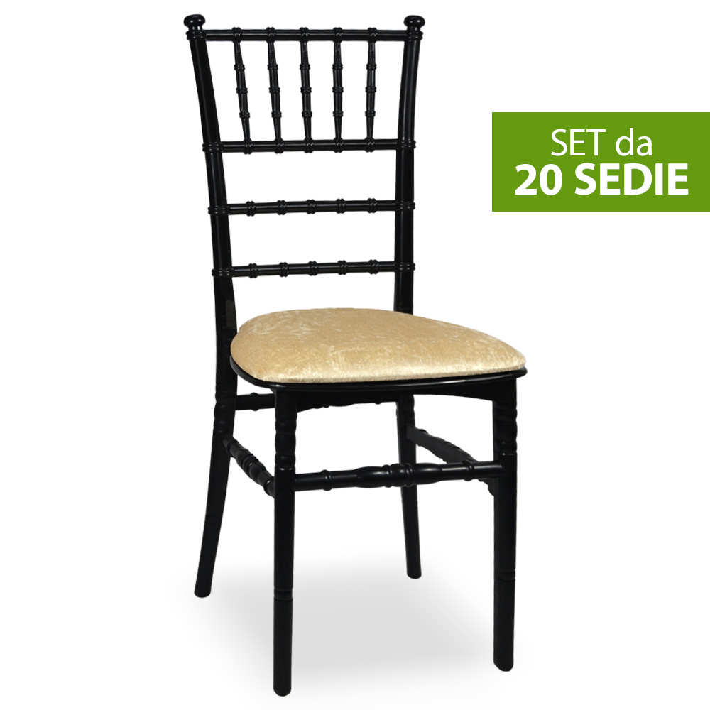 Set da 20 sedie chiavarine in plastica nere con cuscino coordinato in vellutino.