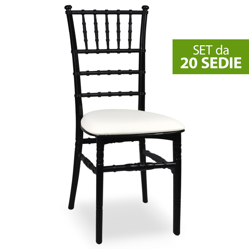 Set da 20 sedie chiavarine plastica nere con cuscino similpelle bianco.