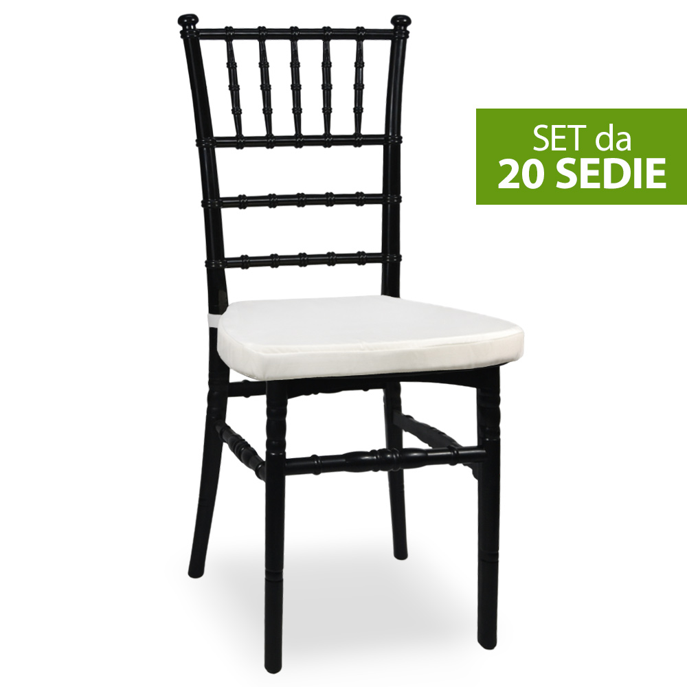 Set da 20 sedie chiavarine plastica nere con cuscino antiscivolo bianco .