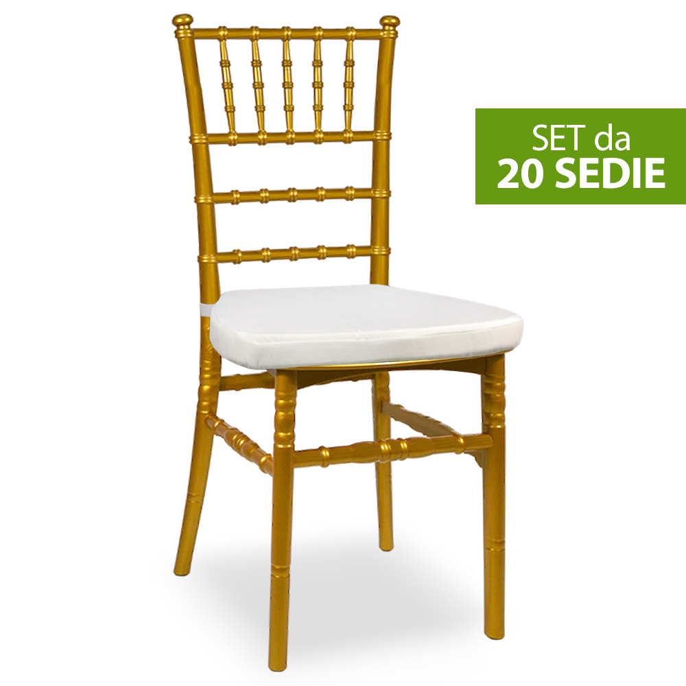 Set da 20 sedie chiavarine plastica gialle ottone con cuscino antiscivolo bianco.