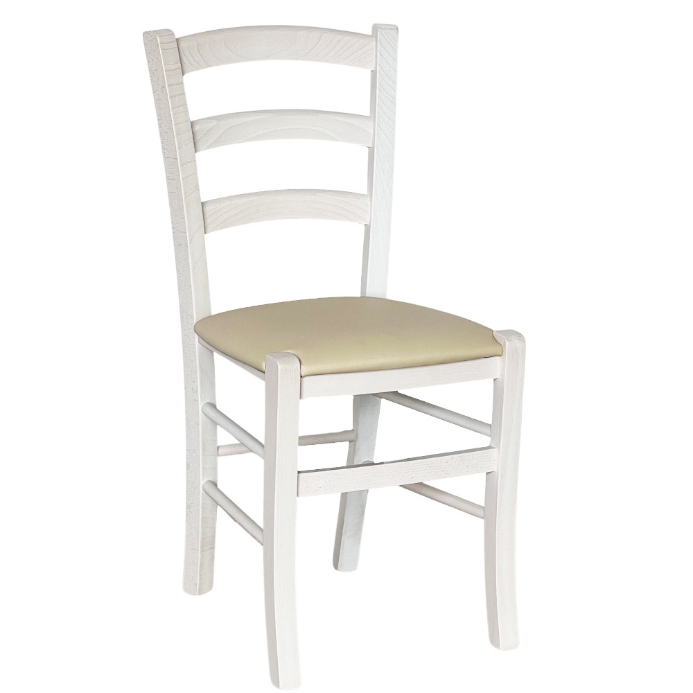 Sedia legno venezia bianco con seduta in similpelle beige.