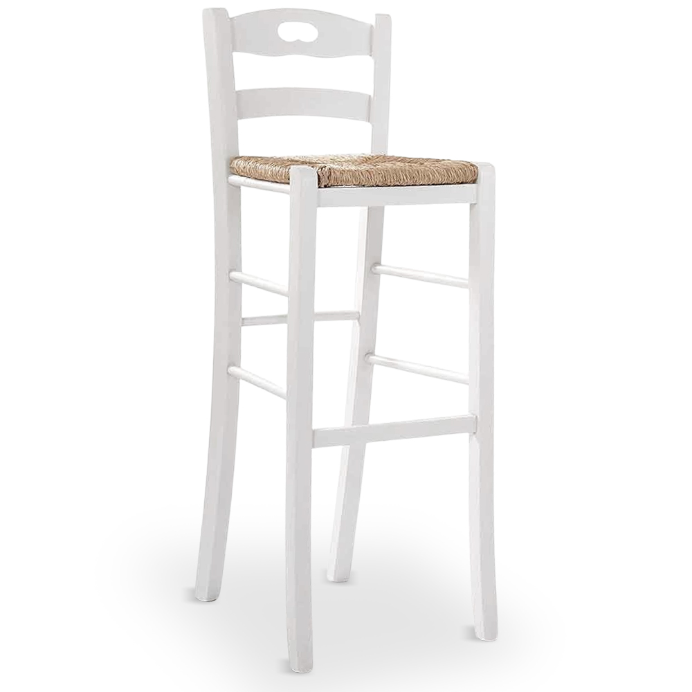 Sgabello da bar alto 80 cm in legno bianco con manico e seduta in paglia.