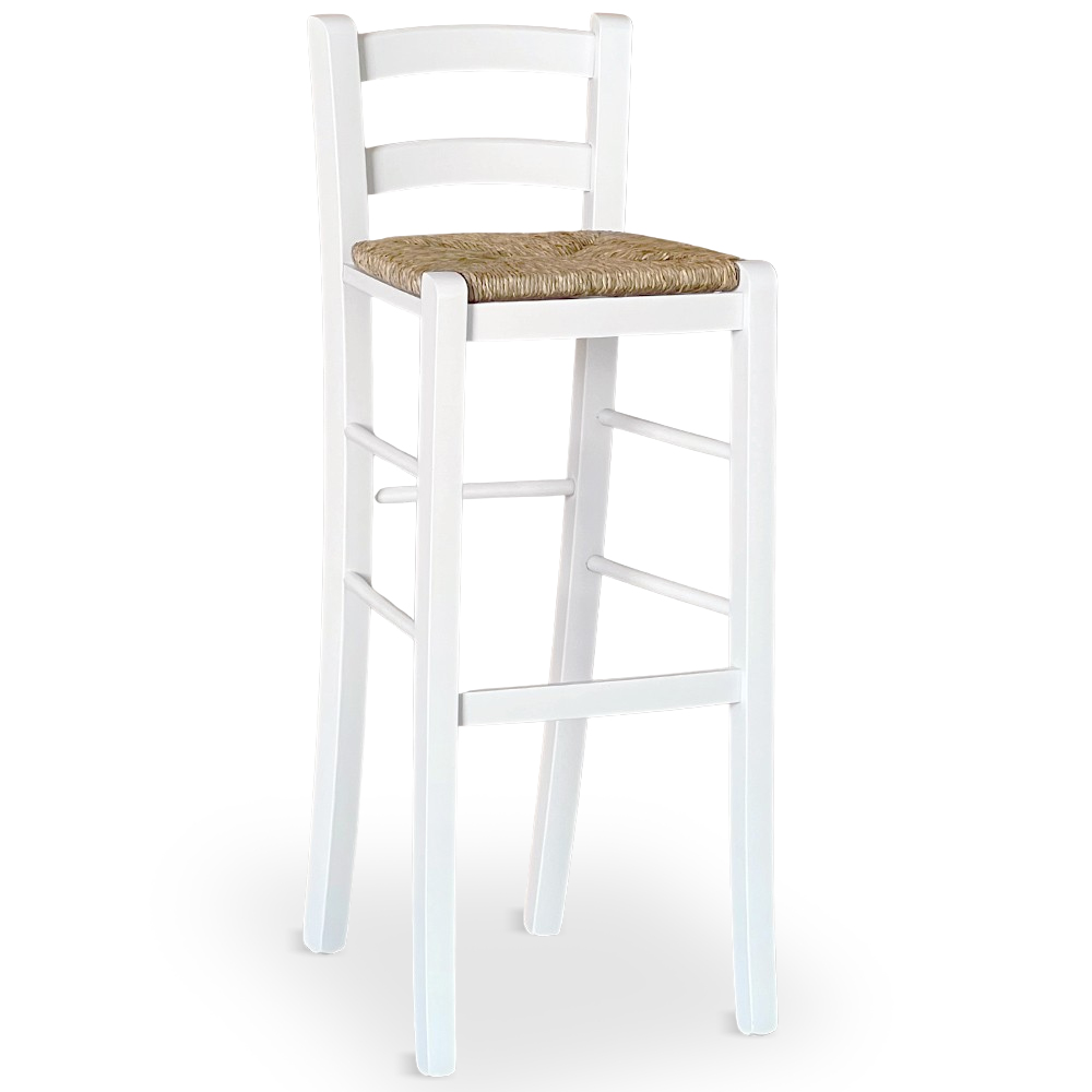 Sgabello alto 80 cm in legno verniciato bianco con schienale e seduta in paglia.