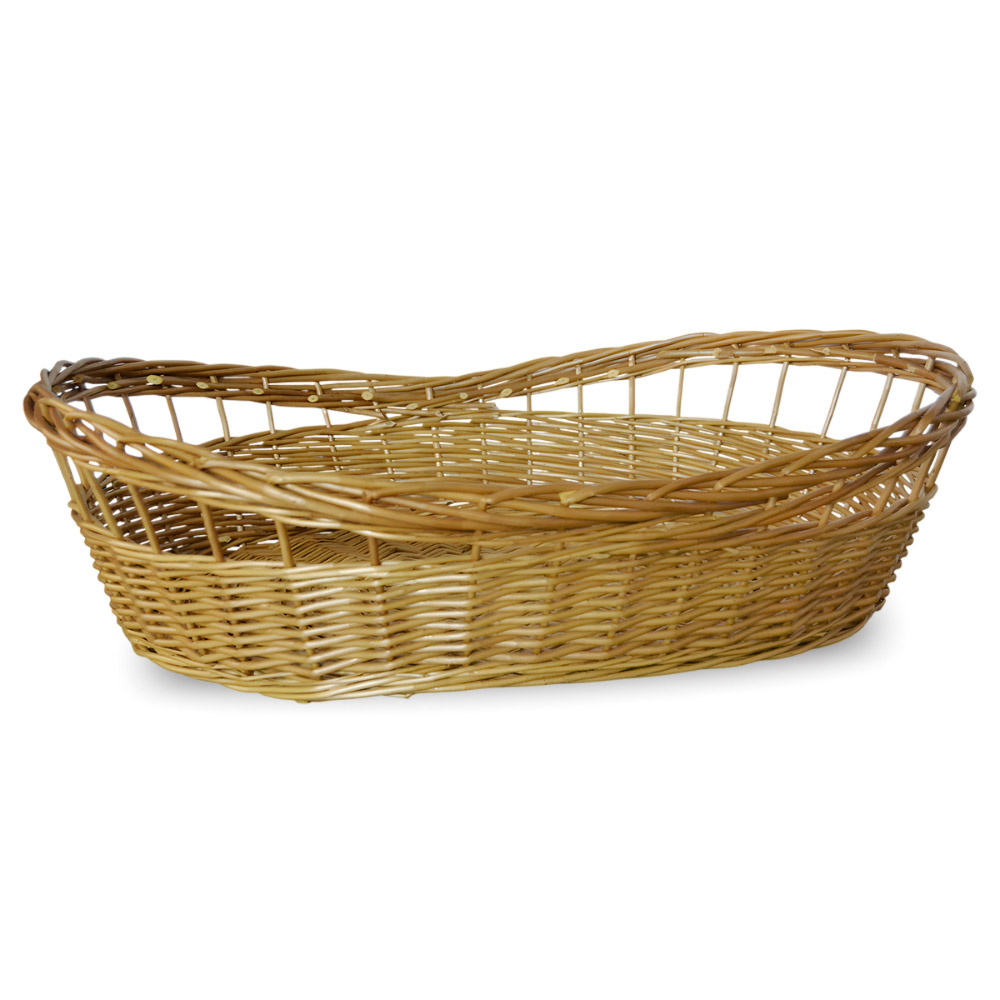 Cesta contenitore ovale in vimini naturale intrecciato a mano con bordi rialzati.