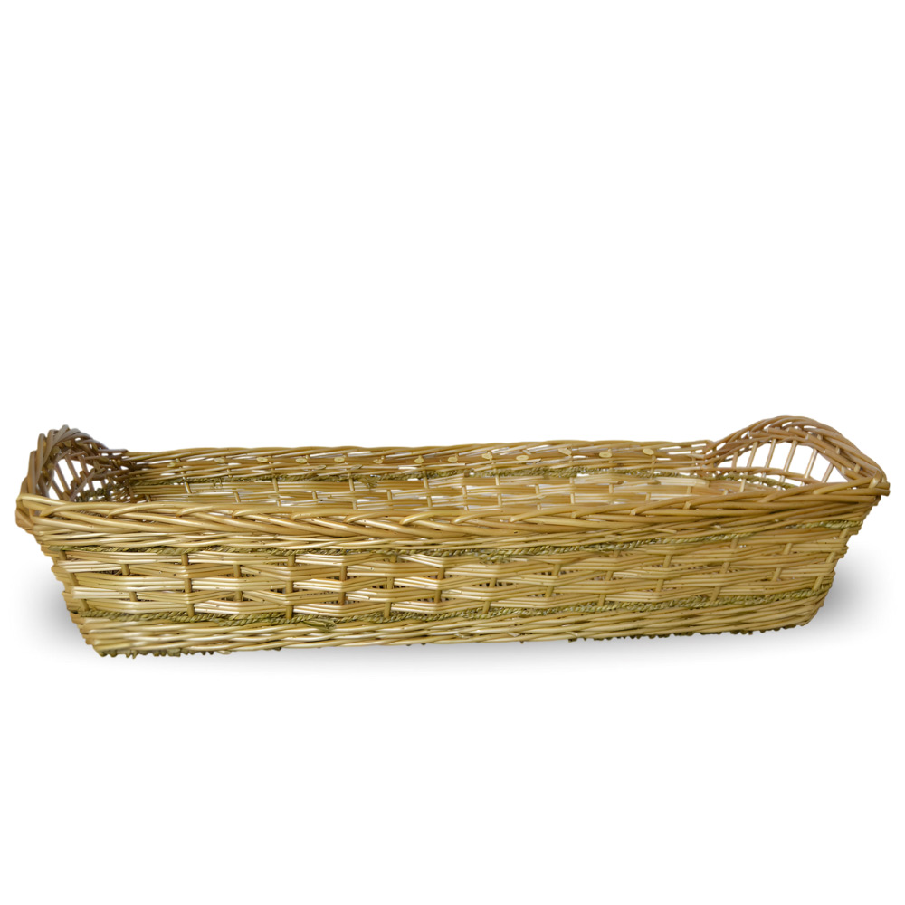 Cesta contenitore rettangolare in vimini intrecciato a mano con bordi rialzati.