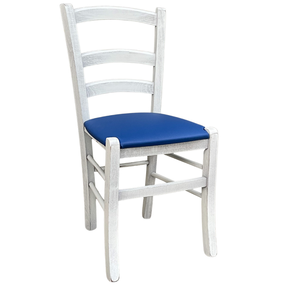 Sedia legno venezia anticata bianca con seduta imbottita blu.