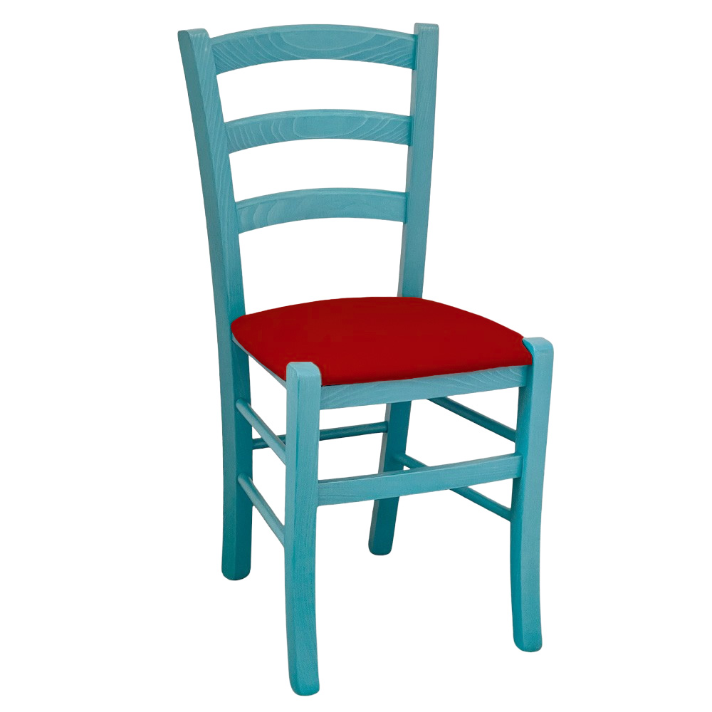 Sedia legno venezia turchese con seduta in similpelle rosso.