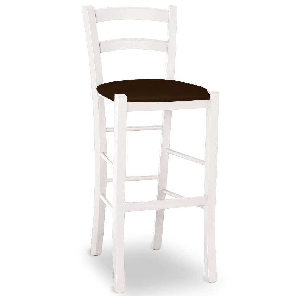 Sgabello venezia in legno bianco anilina h 73 seduta similpelle marrone.