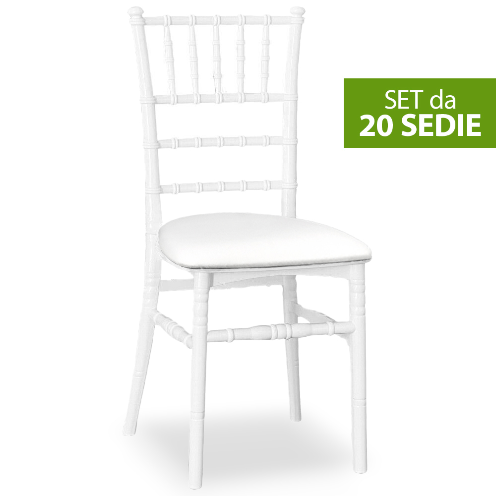 Set da 20 sedie chiavarine bianche in plastica con cuscino similpelle bianco.