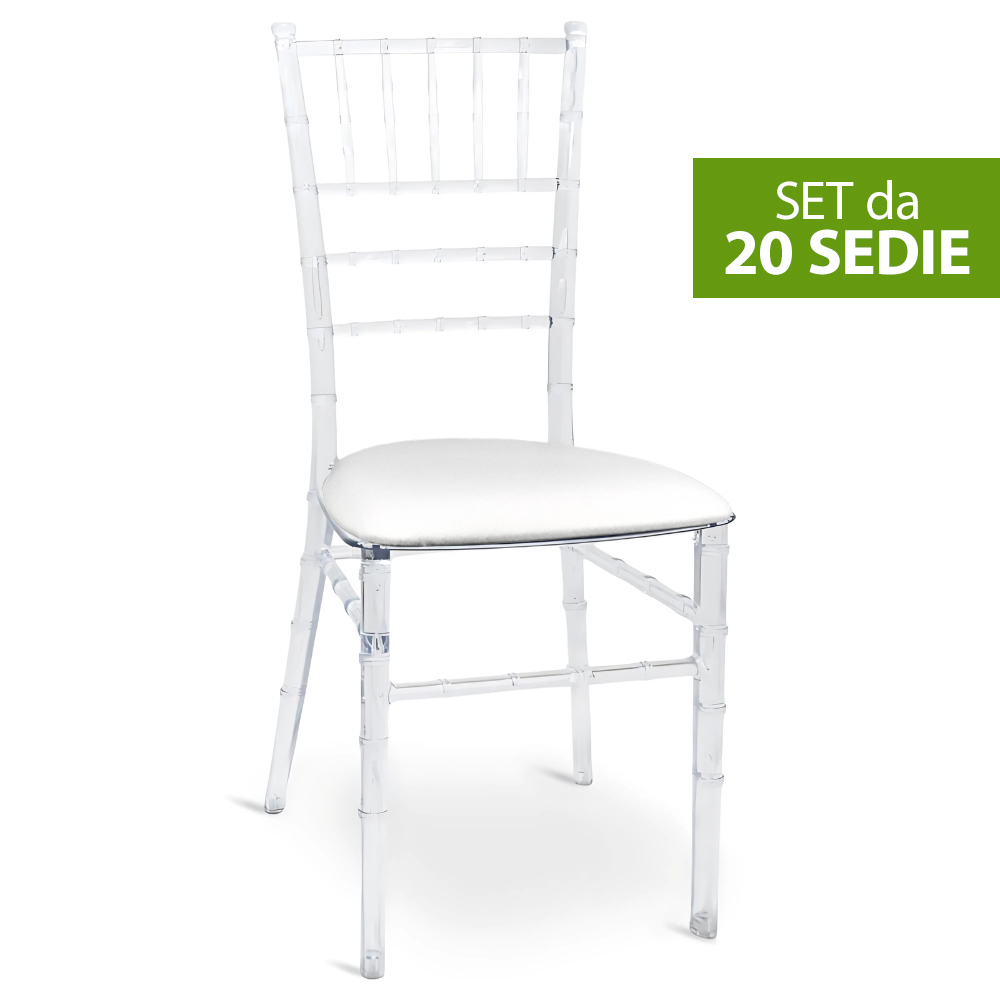 Set da 20 sedie chiavarine trasparenti in plastica con cuscino similpelle bianco.
