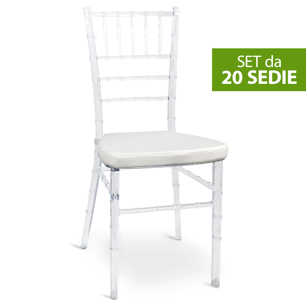 Set da 20 sedie chiavarine plastica trasparenti con cuscino antiscivolo bianco .