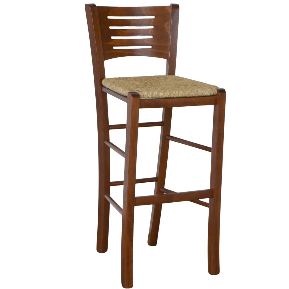 Sgabello verona in legno noce scuro h 73 con seduta paglia.