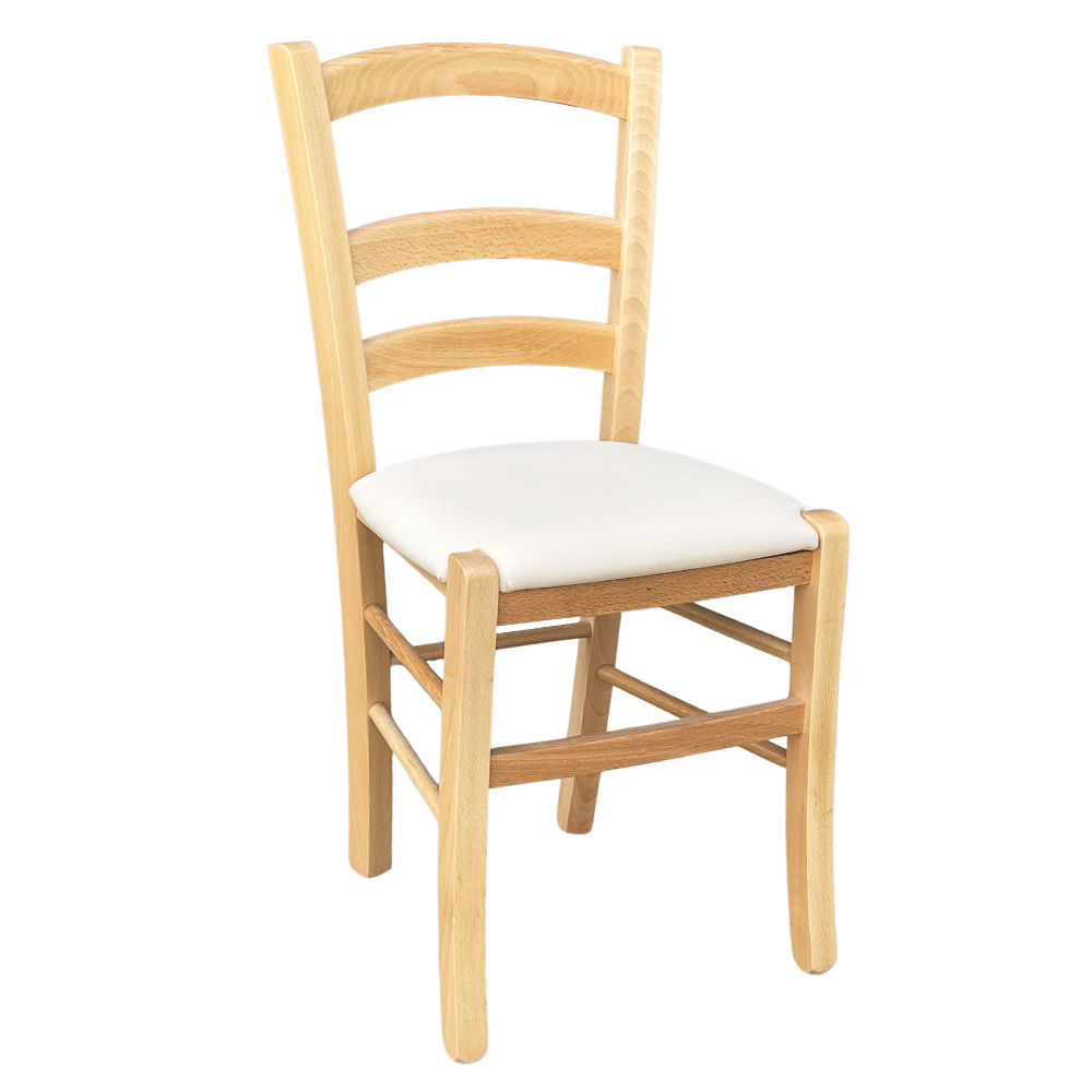 Sedia legno venezia  color naturale con seduta similpelle imbottita crema .
