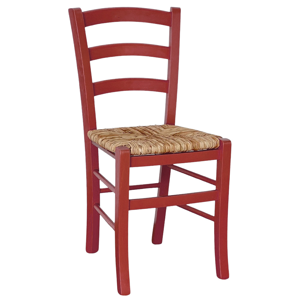 Sedia venezia in legno di faggio rosso con seduta intrecciata in paglia di riso.