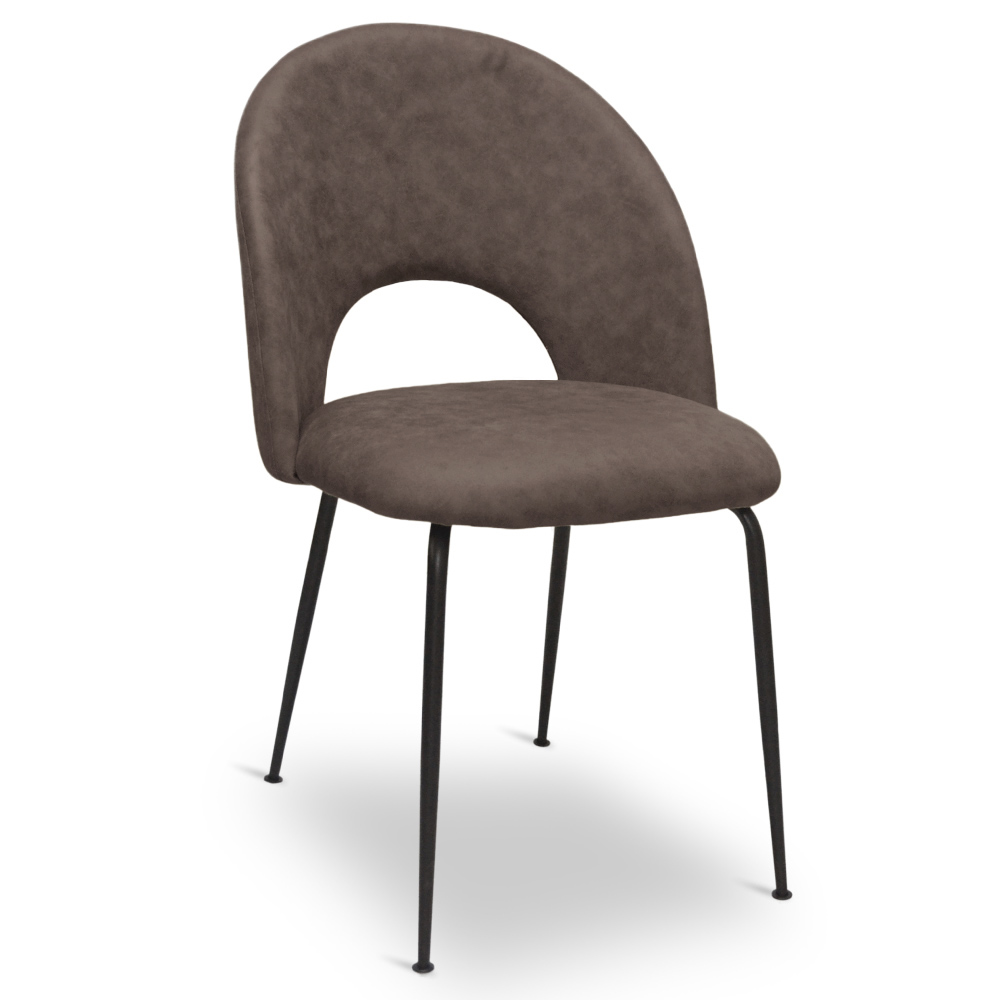 Sedia da sala pranzo paola in microfibra nabuk marrone con gambe in metallo nero.