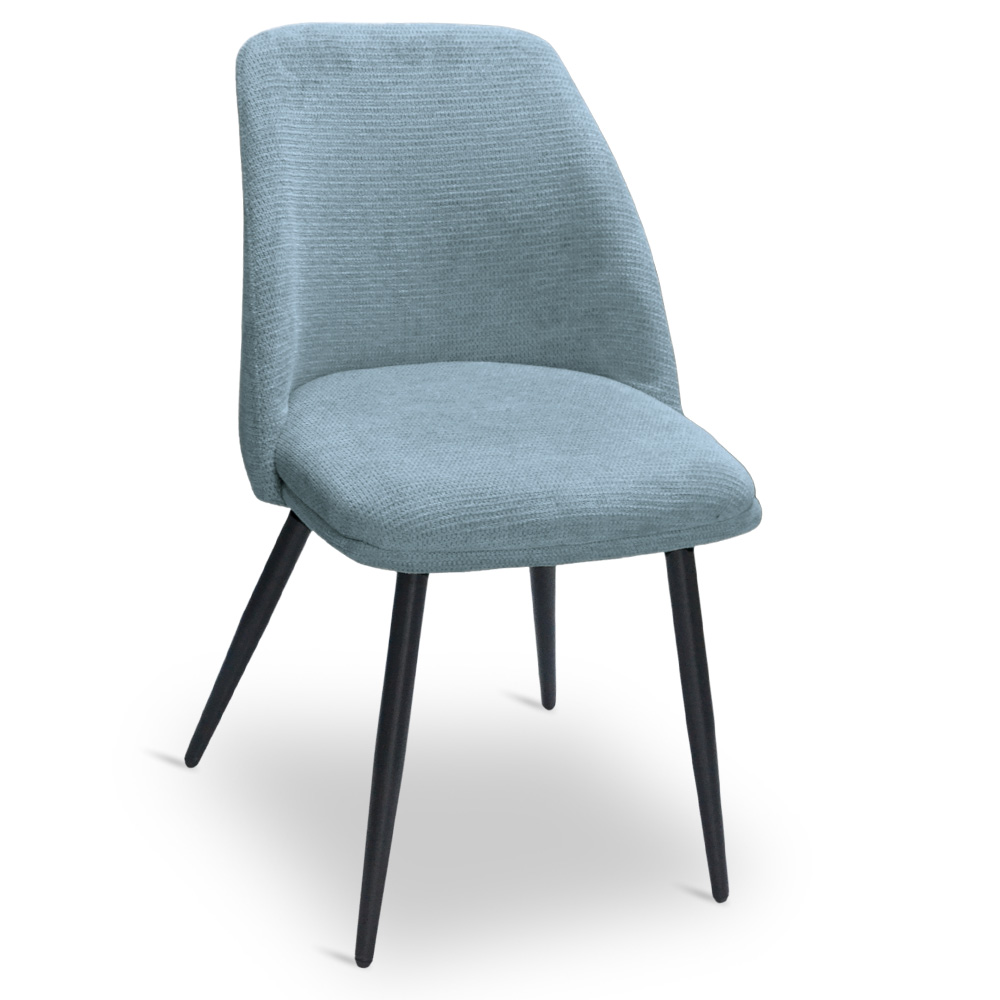 Sedia da sala pranzo kety in microfibra colore celeste con gambe in metallo nero.
