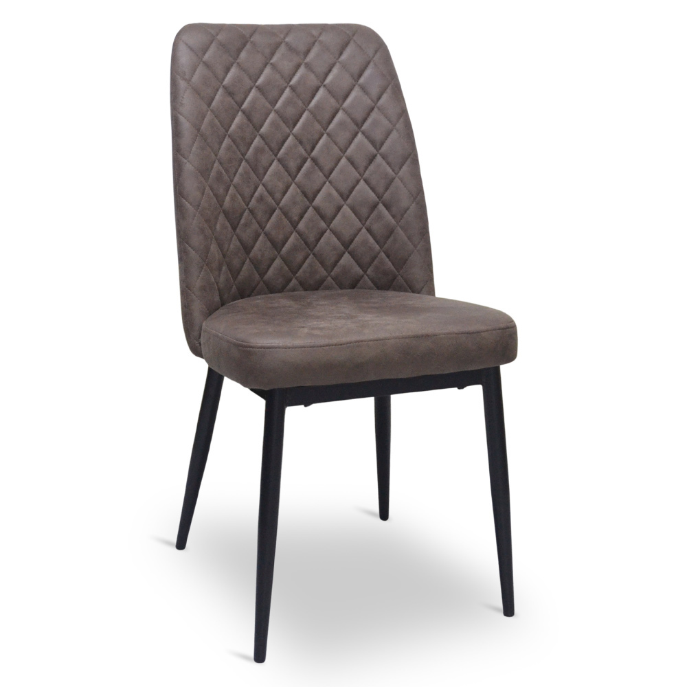 Sedia da sala pranzo alma in microfibra nabuk marrone con gambe in metallo nero.