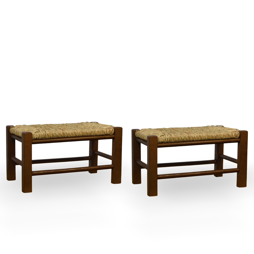 Set di 2 poggiapiedi in legno noce scuro base in paglia.