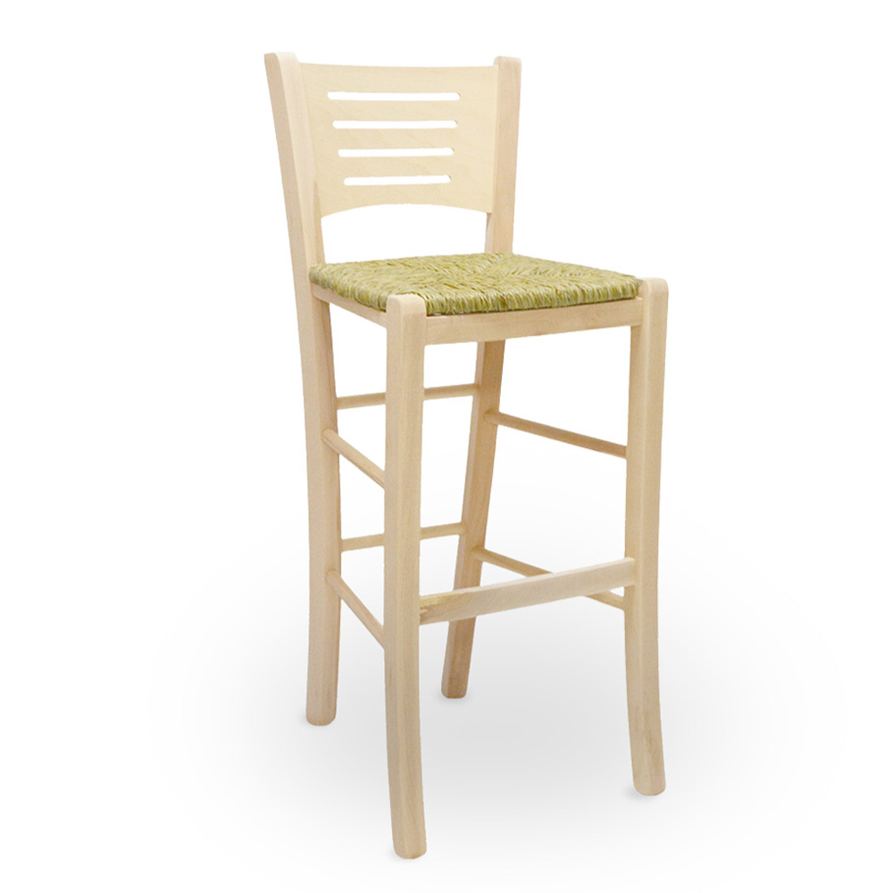 Sgabello bar verona in legno grezzo da verniciare h 73 con seduta in paglia.