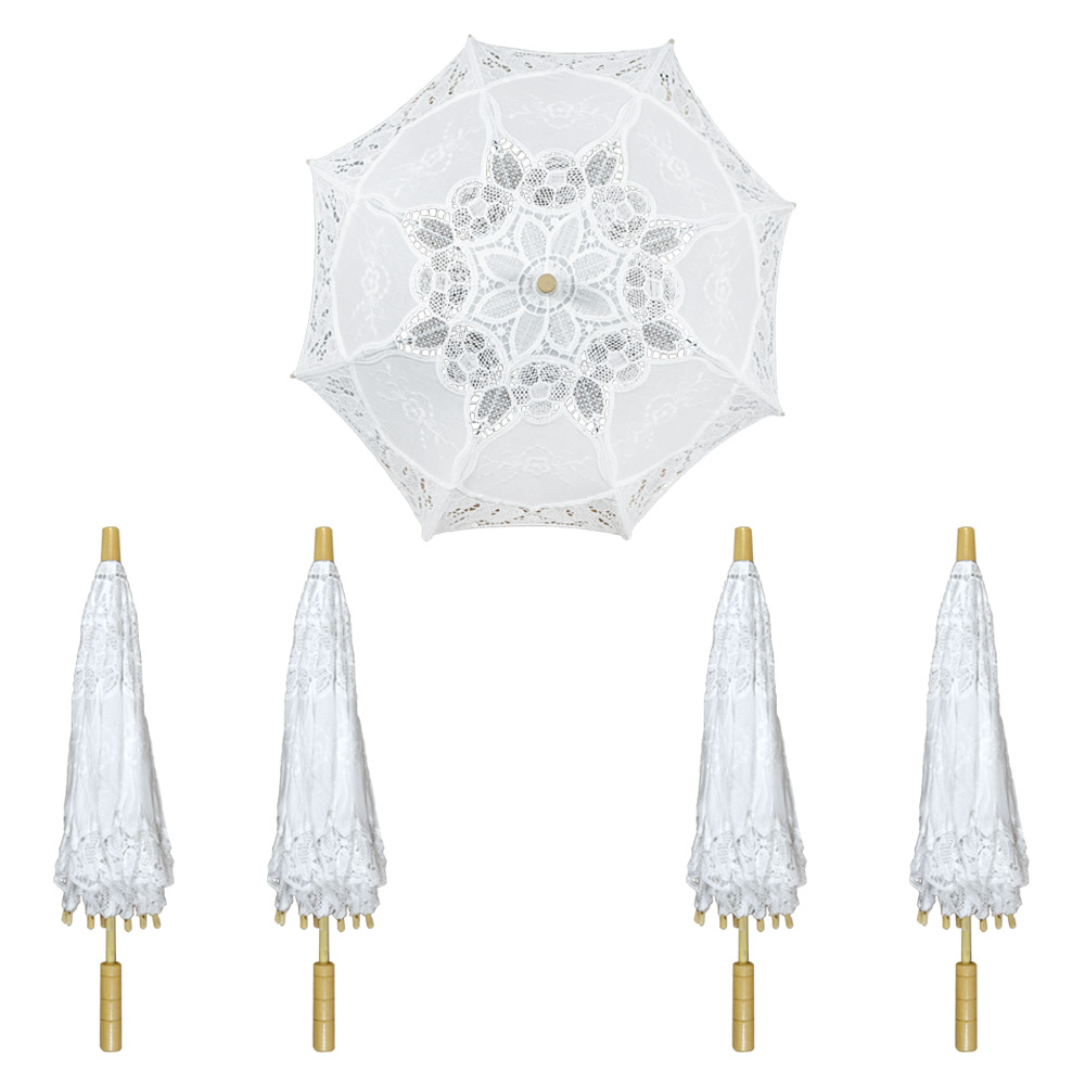 5 mini-ombrelli wedding in legno con pizzo bianco ricamato 53 x h 60 cm.