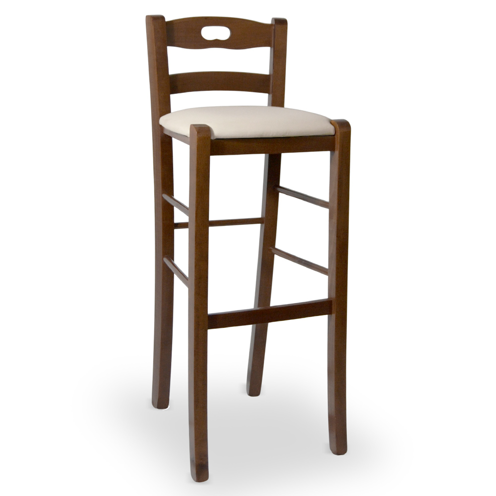 Sgabello h 80 in legno noce scuro con manico e seduta imbottita similpelle beige.