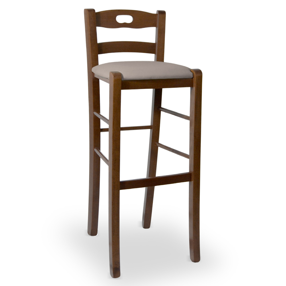 Sgabello bar  h 80 in legno noce scuro con manico seduta similpelle tortora.