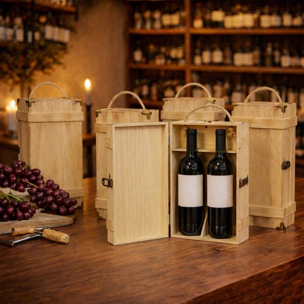 5 cofanetti in legno per due bottiglie con manico e chiusura in metallo.