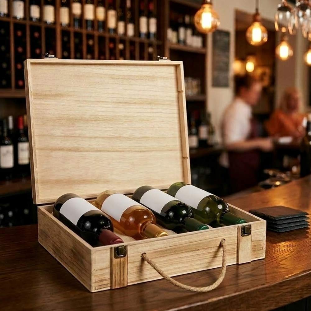 3 cofanetti in legno per quattro bottiglie con manico e chiusura in metallo.