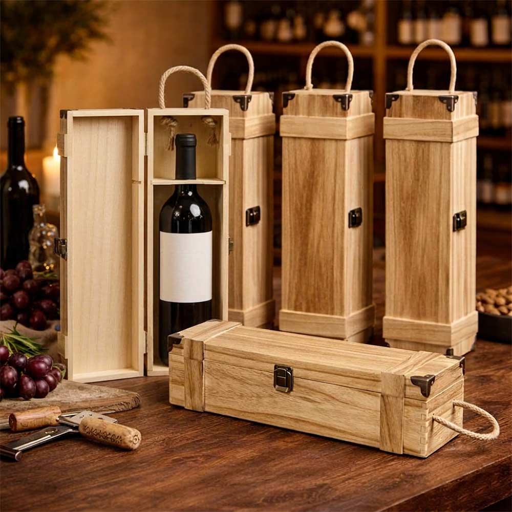 5 cofanetti in legno per una bottiglia con manico e chiusura in metallo.