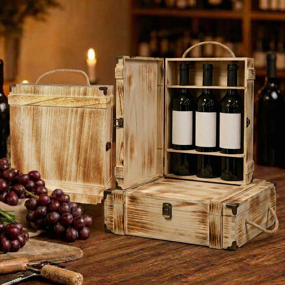 3 cofanetti in legno per tre bottiglie con manico e chiusura in metallo.