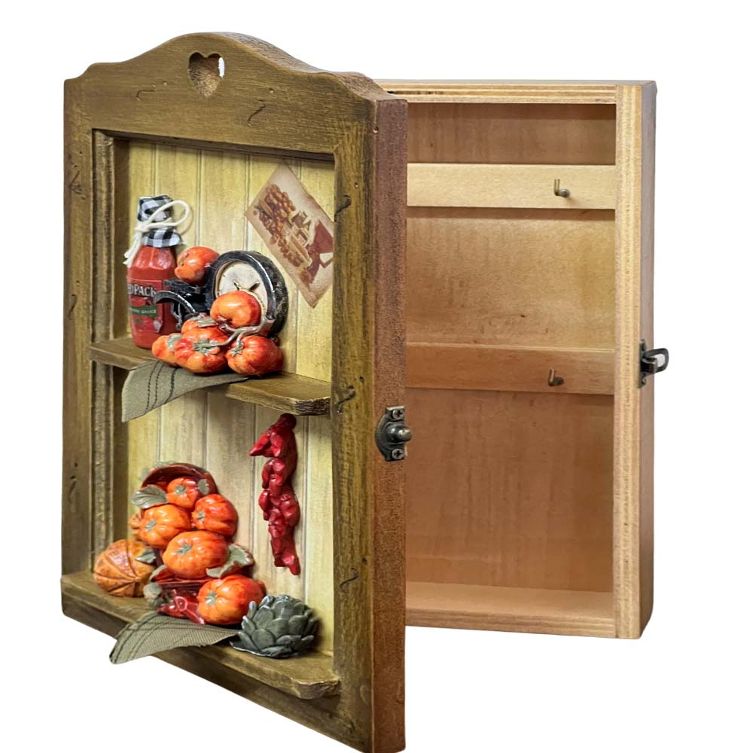 Portachiavi in legno noce scuro con fantasie pomodori, 4 posti.