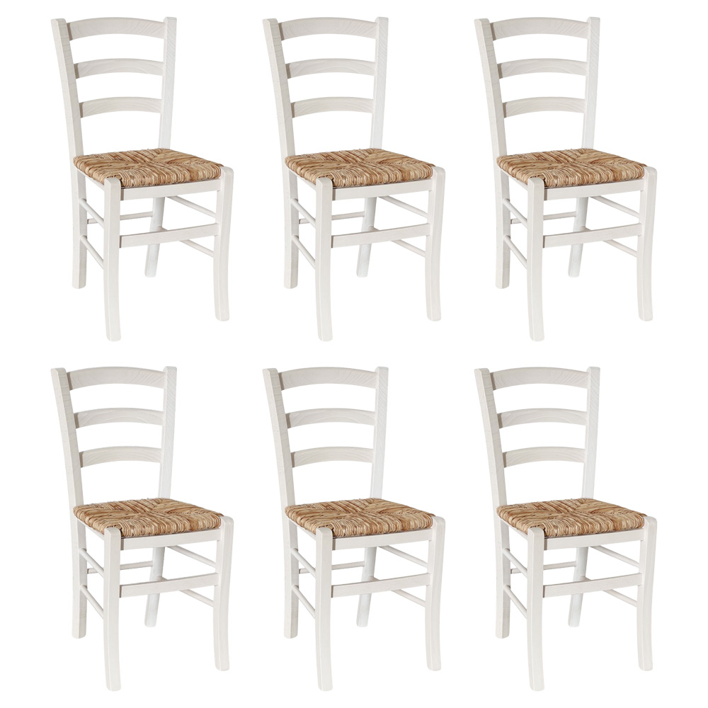 Set di 6 sedie da sala da pranzo venezia in legno bianco con seduta in paglia	.