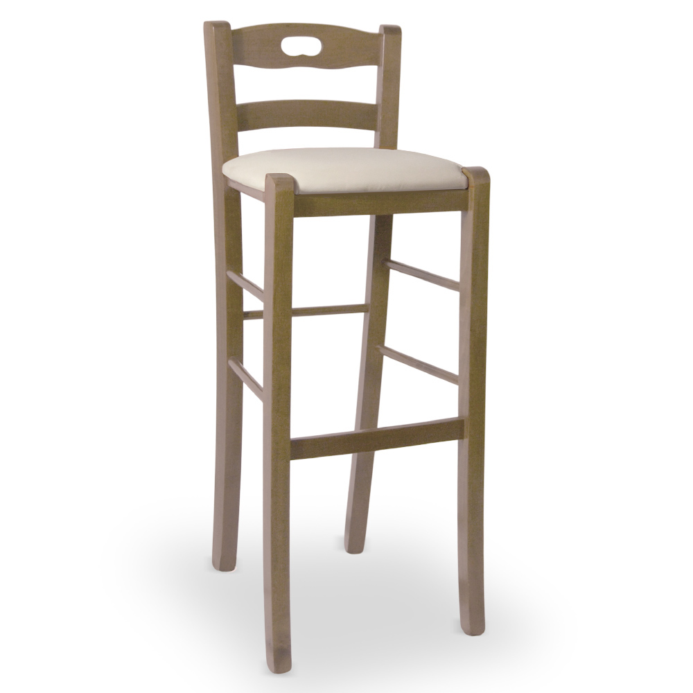 Sgabello h 80 in legno noce chiaro con manico seduta imbottita similpelle beige.