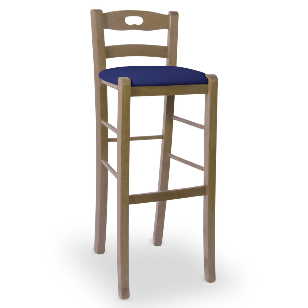 Sgabello h 80 in legno noce chiaro con manico e seduta imbottita similpelle blu.