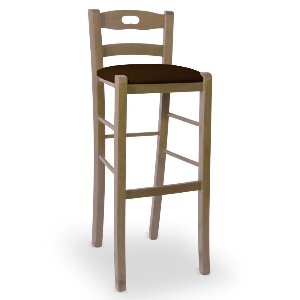 Sgabello h80 in legno noce chiaro con manico seduta imbottita similpelle marrone.