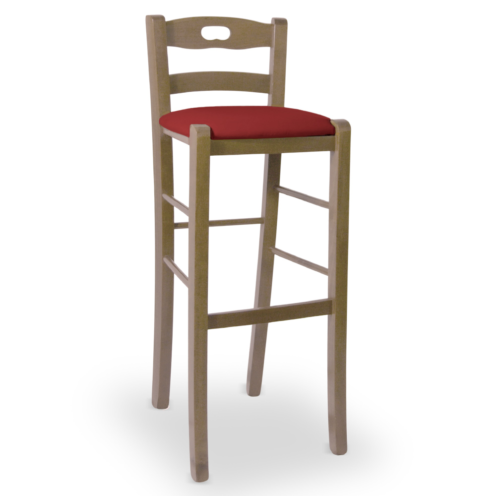 Sgabello h80 in legno noce chiaro con manico e seduta imbottita similpelle rosso.