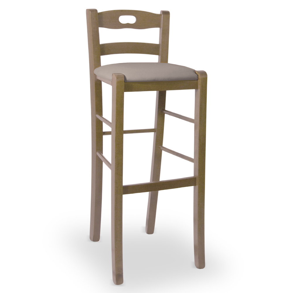 Sgabello h80 in legno noce chiaro con manico seduta imbottita similpelle tortora.