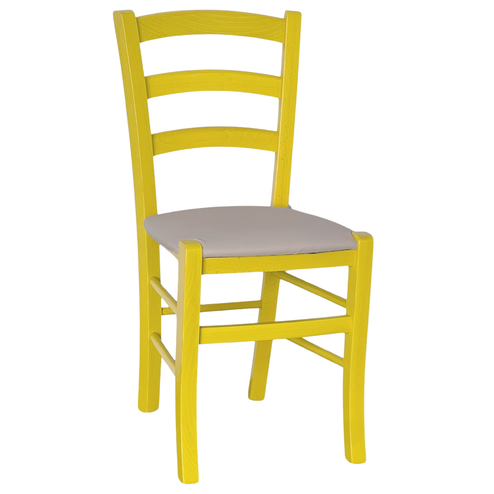 Sedia legno venezia gialla con seduta similpelle grigio tortora.