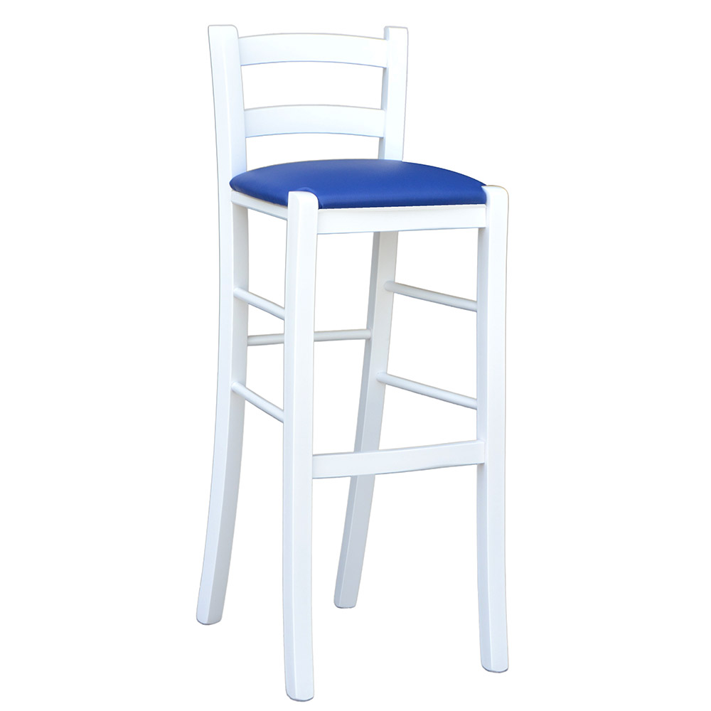 Sgabello in legno bianco laccato con seduta similpelle blu h 80 cm .