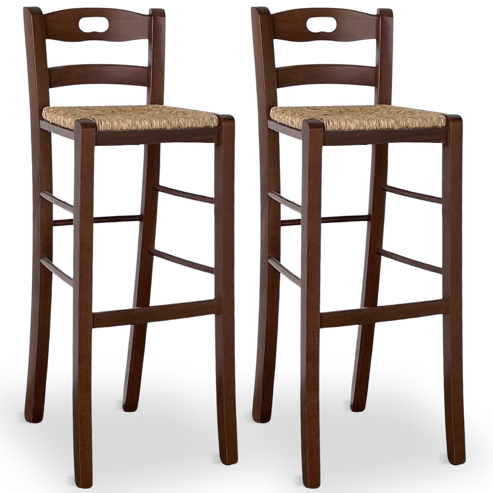 Set 2 sgabelli da bar in legno noce scuro h 80 cm con foro e seduta in paglia  .