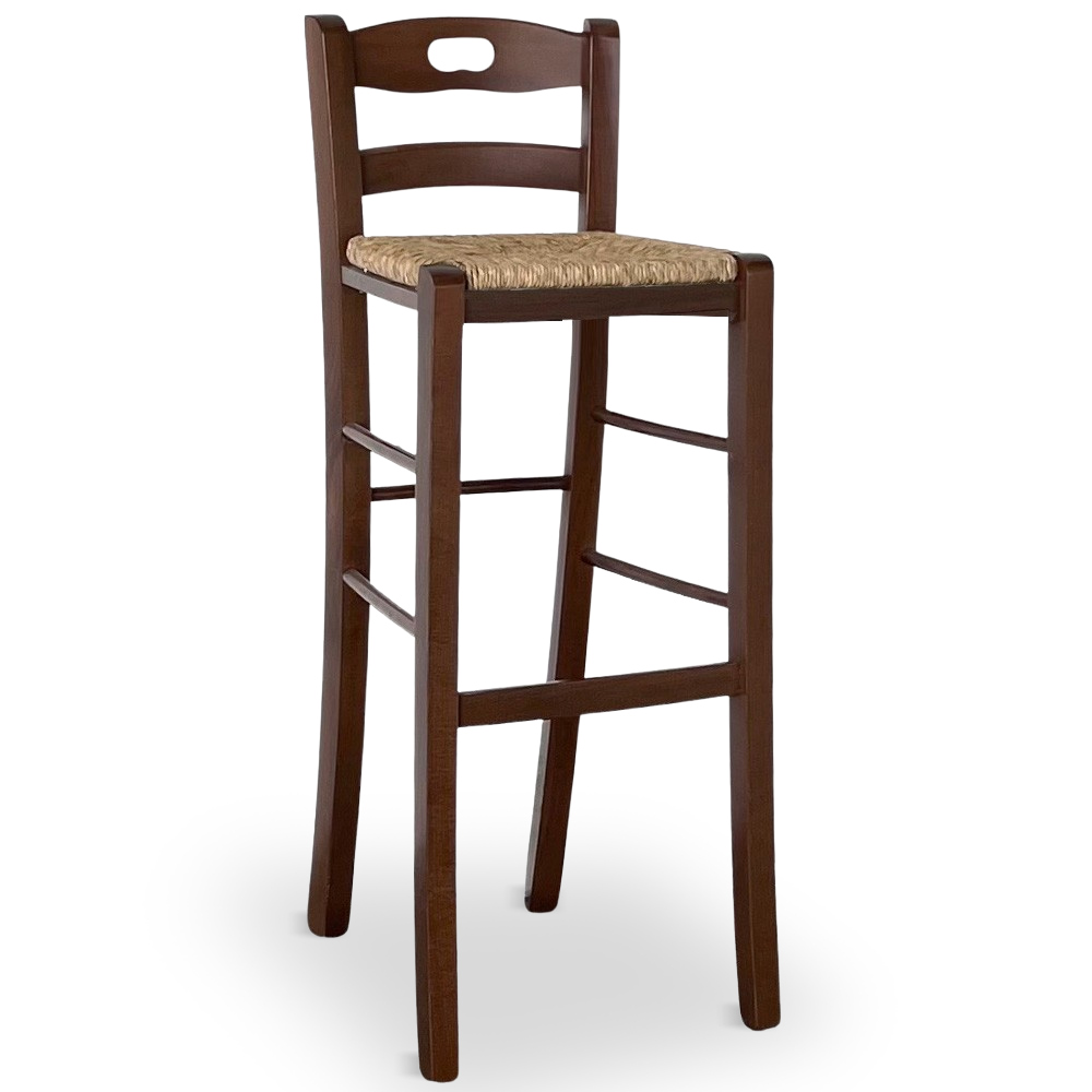 Sgabello h 80 cm legno noce scuro con manico nello schienale e seduta in paglia.