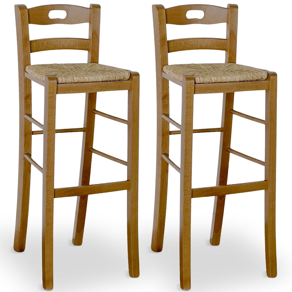 Set 2 sgabelli da bar in legno noce chiaro h 80 cm con foro e seduta in paglia  .