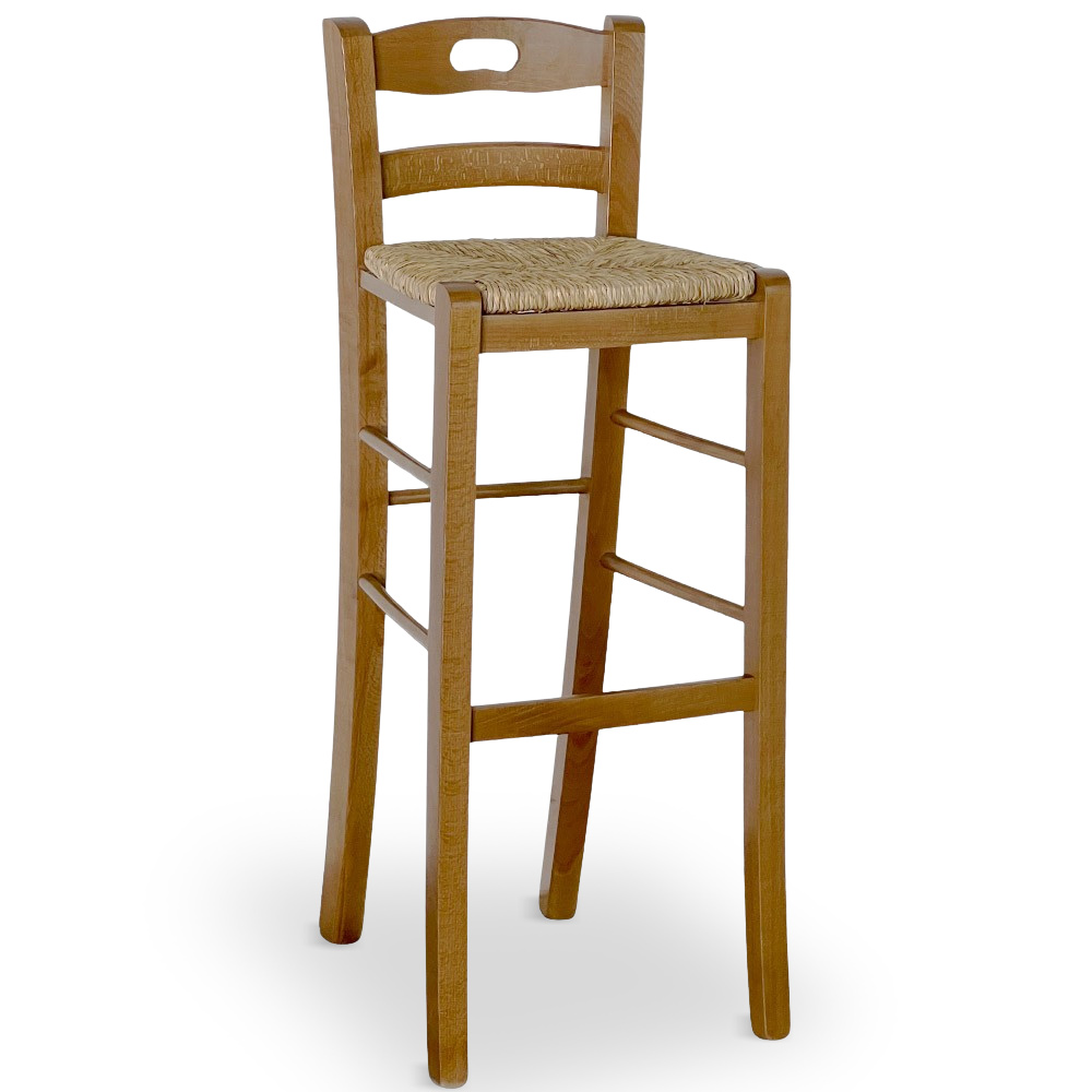 Sgabello da bar h 80 cm in legno massello noce chiaro con seduta in paglia.