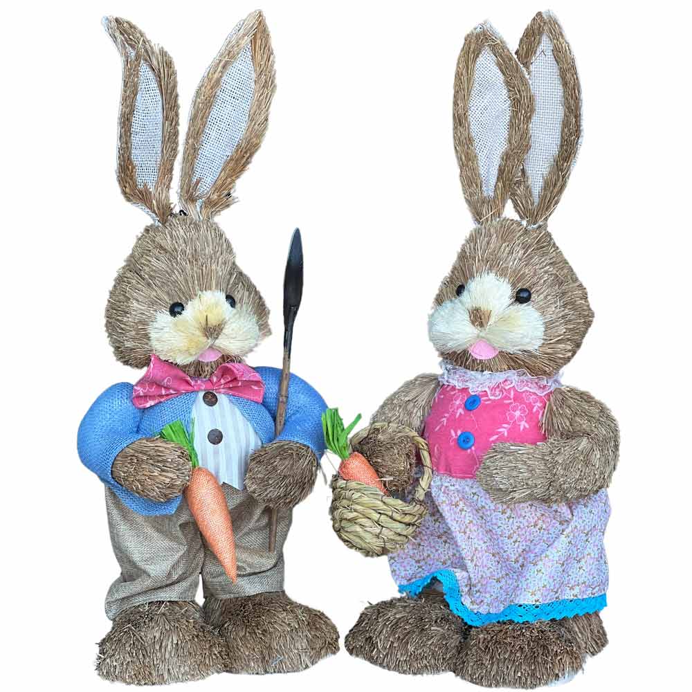 Conigli coppia rabbit in paglia rafia alti 60 cm.