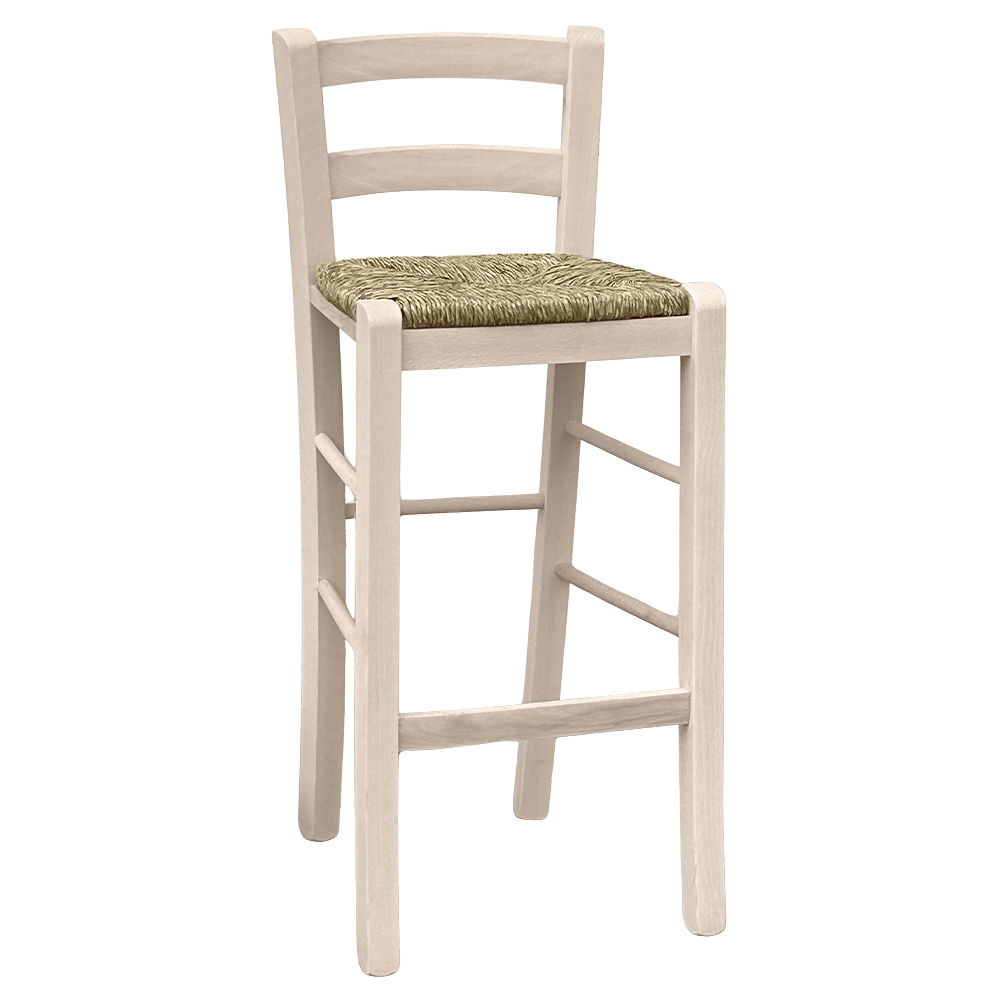 Sgabello snack legno grezzo con schienale da verniciare in paglia h 67.