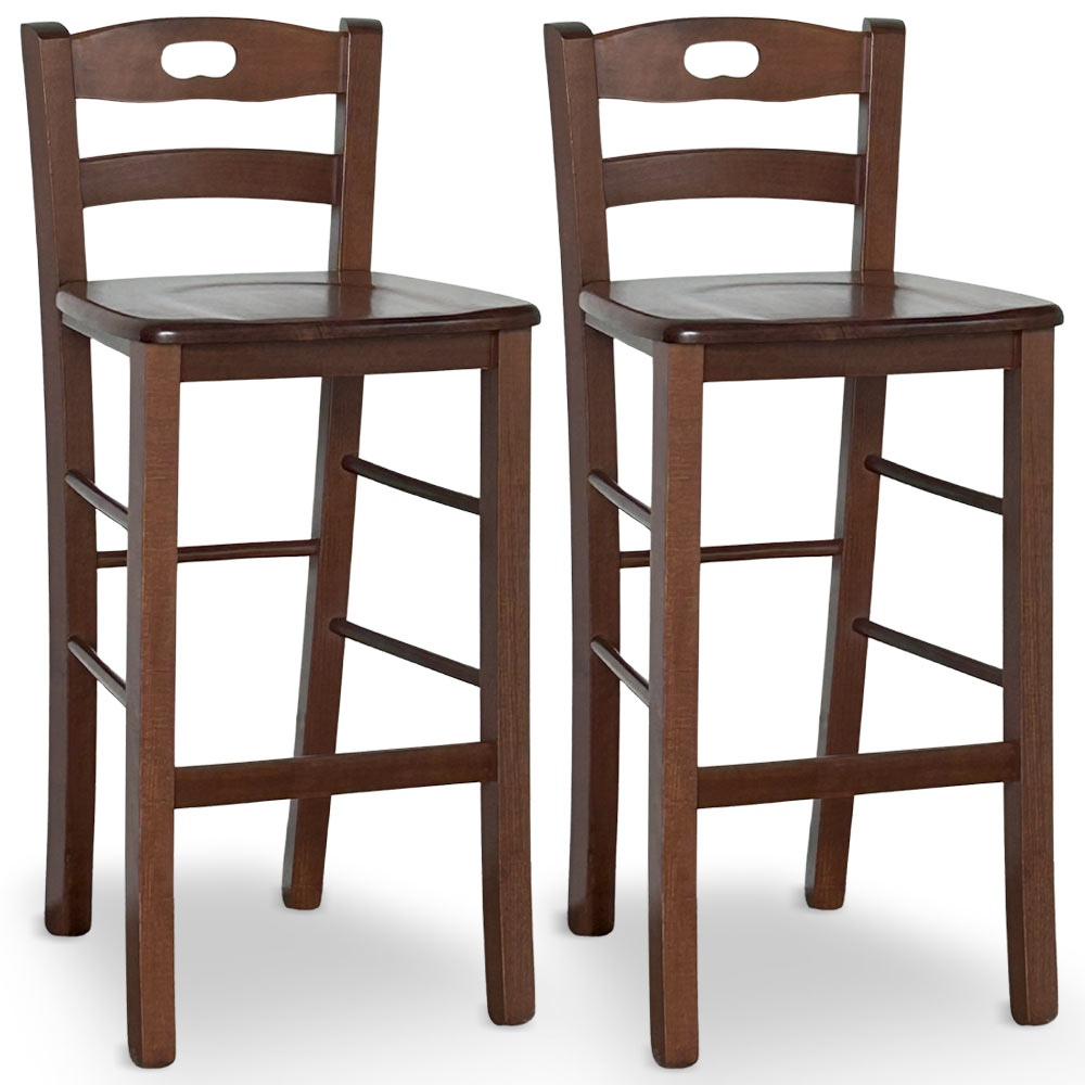 Set da 2 sgabelli in legno noce scuro h 66 cm con manico con seduta in massello .