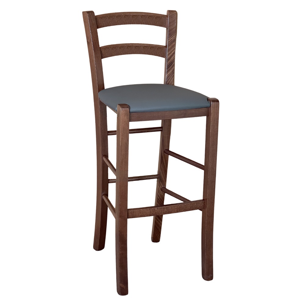 Sgabello venezia in legno noce scuro h 73 con seduta similpelle grigio antracite.