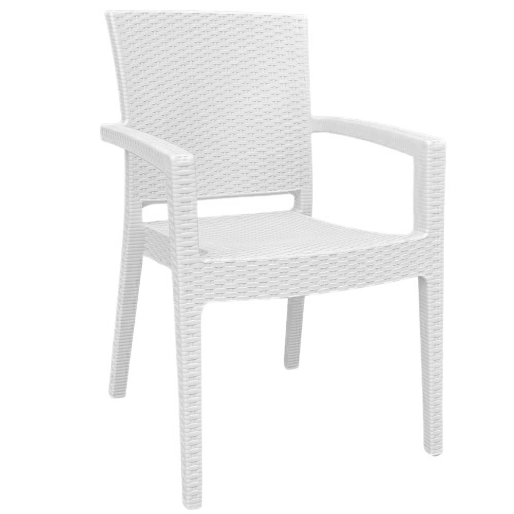 Sedia poltrona in plastica effetto rattan con braccioli color bianco.