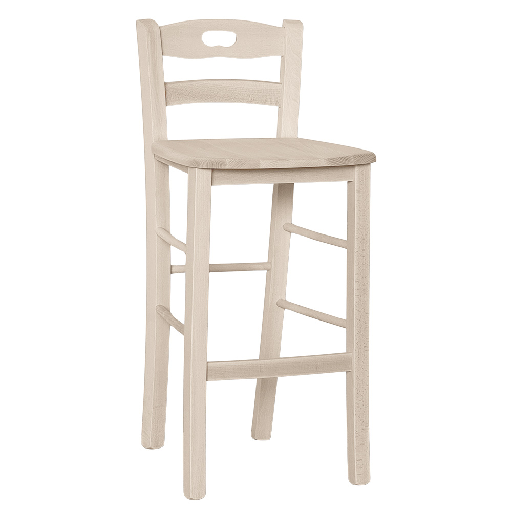Sgabello snack grezzo alto 66 cm con schienale seduta in legno massello.