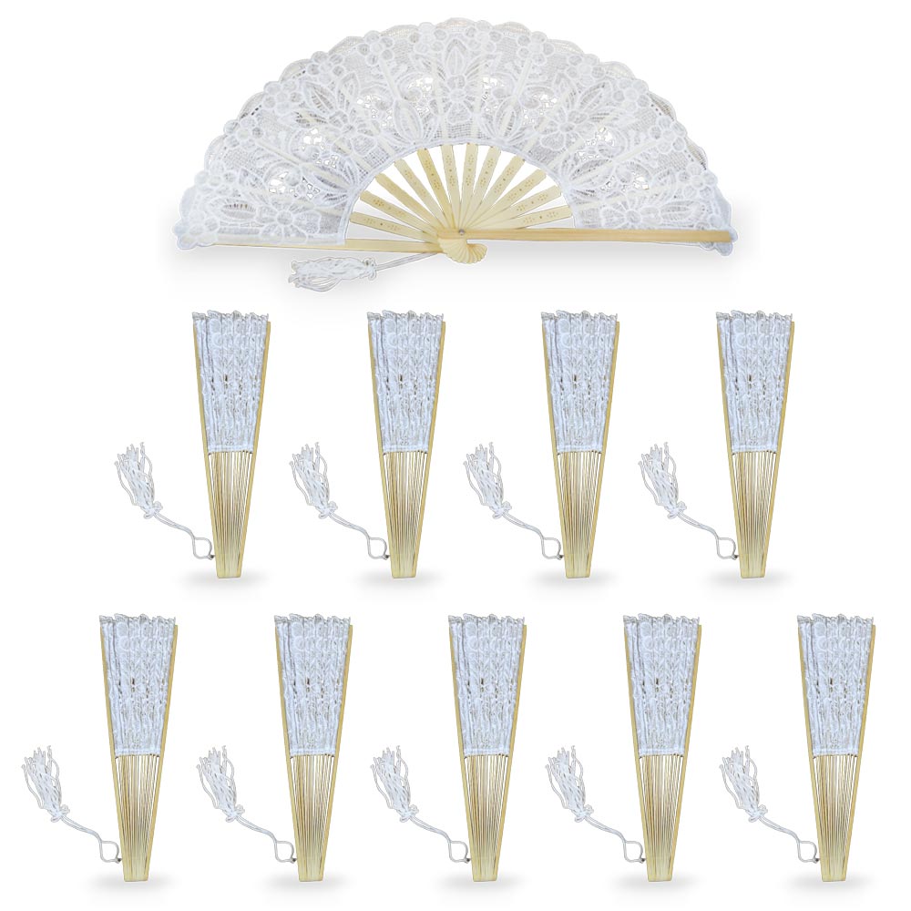 Ventagli pieghevoli in legno con tessuto ricamato in pizzo colore bianco x 10.